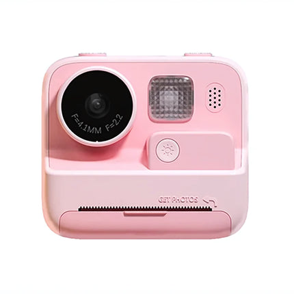 Kindercamera met thermisch printpapier in roze en geel, compact ontwerp met 26MP en 2,0-inch display